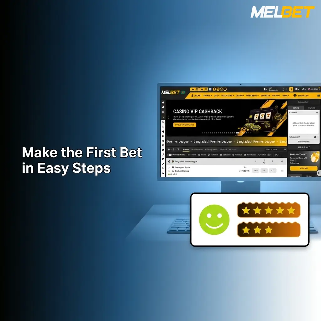 Melbet first bet steps: sign up, deposit via bKash or Nagad, choose sport, select odds, enter stake, place bet