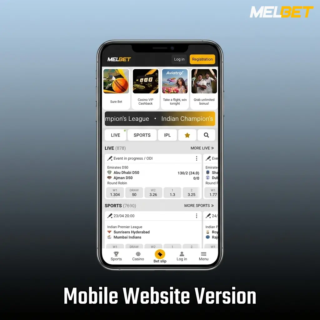 Melbet mobile website interface on a smartphone browser showing betting odds and account features