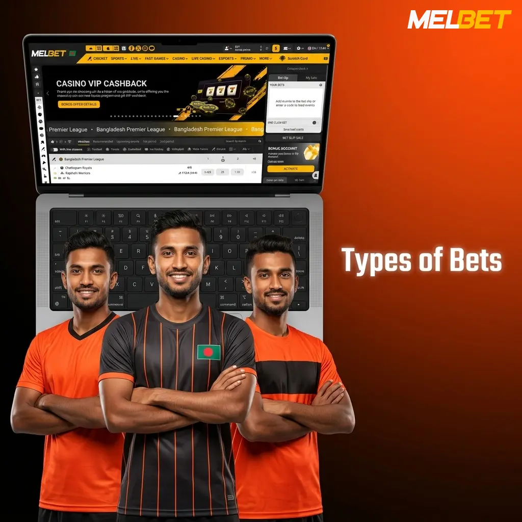 Melbet bet types explained including Single, Accumulator Parlay, and System bets for cricket football and kabaddi
